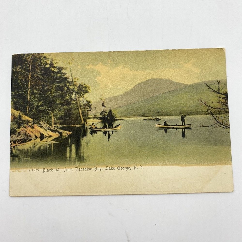 Vtg Lake George NY Postcard Black Mt From Paradise Bay Canoeing Undivided Back